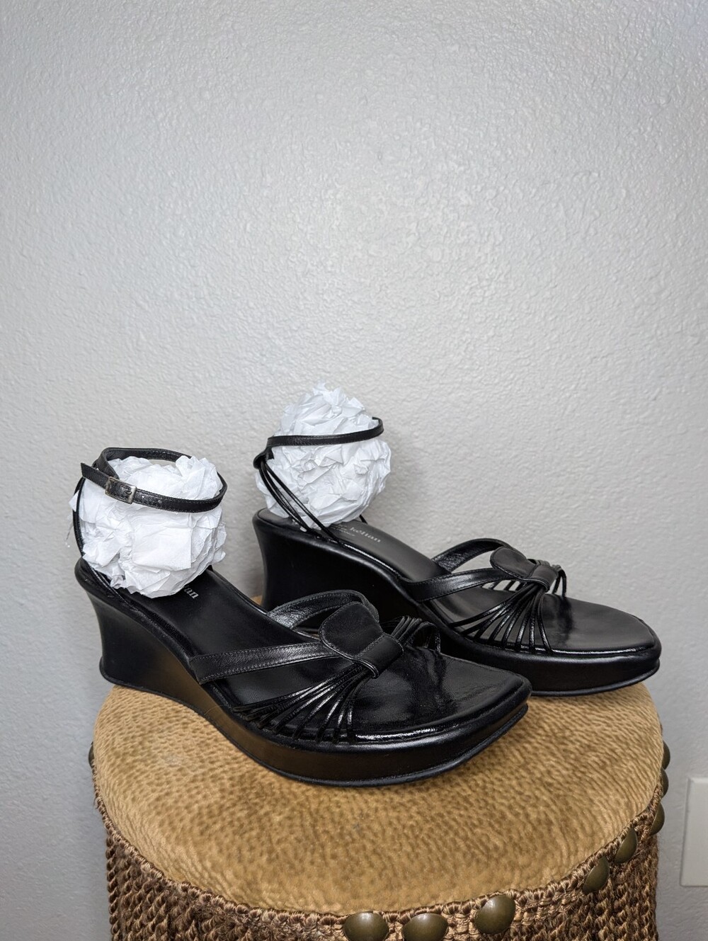 Stephane Kelian Black Leather Beach Vacation Quiet Luxury Strappy Wedge Sandal 9